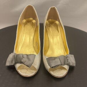 J. Crew Silver Peep-Toe Heels with Gray Bow